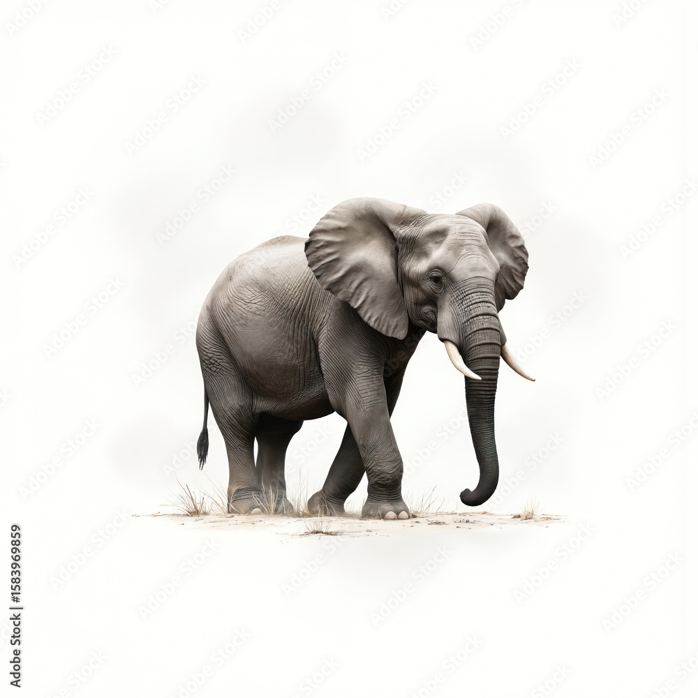 Fototapeta premium Majestic elephant stands alone in green field. Gray body, white legs, long trunk reach towards sky. Elephant faces left, ready to move. Grass field stretches out to horizon. Simple black, white