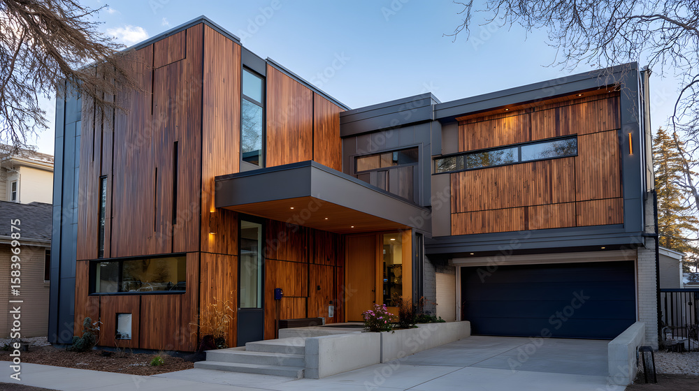 Fototapeta premium Contemporary architectural masterpiece with warm wood accents and sleek dark facades, showcasing modern design