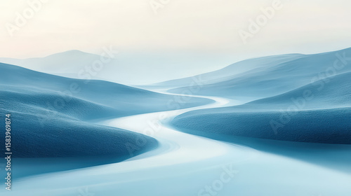 An abstract watercolor illustration of a blue river winding through serene valley mountain landscape, nature scene modern wall art , peaceful calm water illustration decor