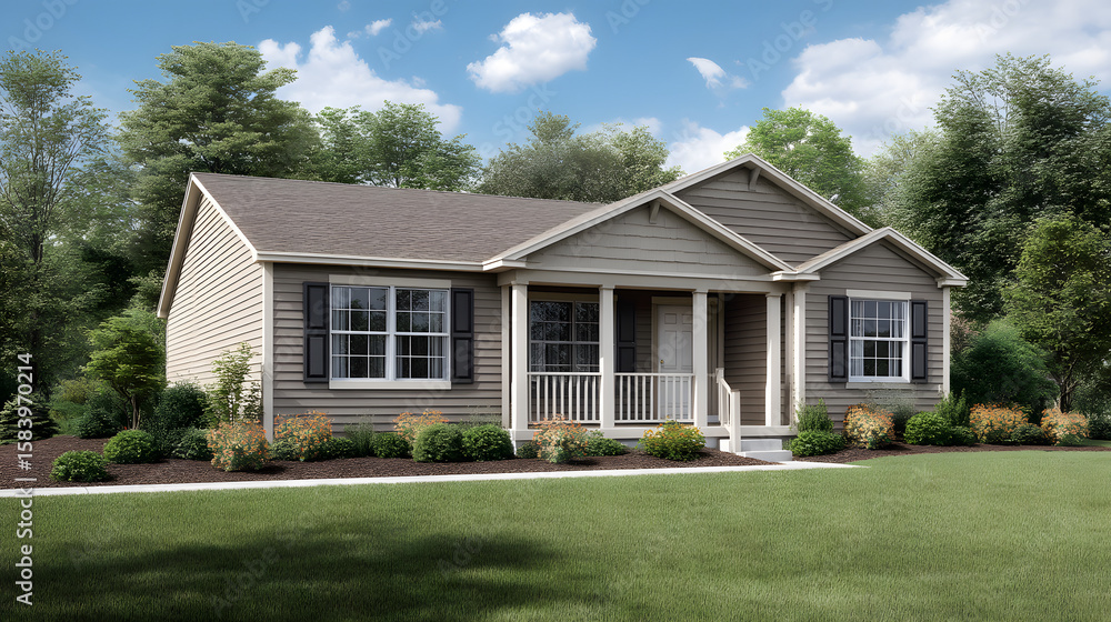 Obraz premium Charming suburban home with an inviting front porch, vibrant landscaping, and lush green lawn