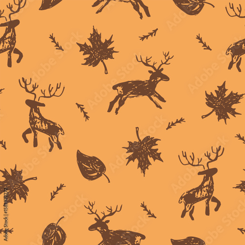 Forest autumn seamless pattern. Doodle deer, and leaves elements. Vector texture for fabric, textile, wallpaper, apparel, wrapping.