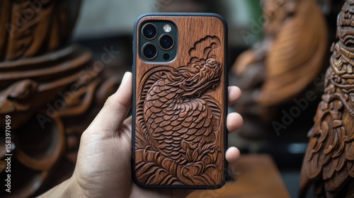Carved wooden phone case with a dragon and fish design.