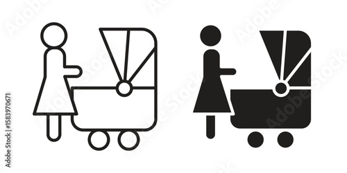 Woman with Baby Stroller icon set line art and glyph design. Eps10