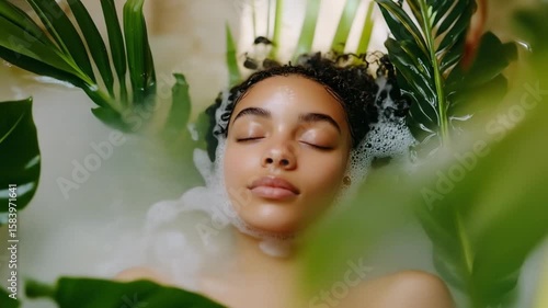 Serene woman relaxes in a luxurious herbal bath, surrounded by soothing botanicals, offering a tranquil escape for wellness, beauty, and a peaceful spa experience.