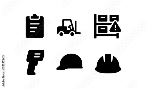 Warehouse safety icons set: forklift, hard hat, inventory, scanner, warning signs
