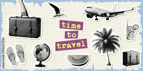 time to travel concept collage set with summer vacation elements suitcase airplane seagull flip-flops globe watermelon slice palm tree refreshing drink isolated retro halftone dotted cut-out design