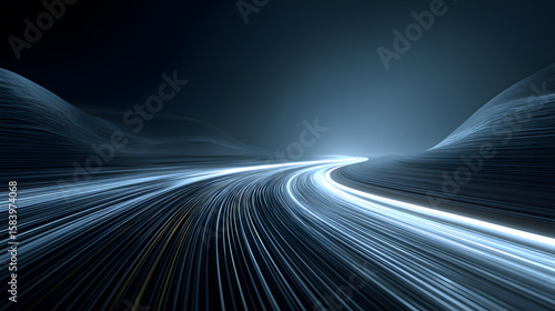 Winding luminous path of light streaks in dark blue