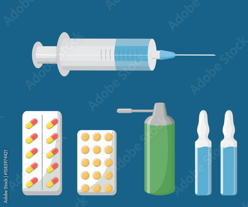 Set on blue background, Medicines, tablets, capsules, syringe, ampoules, drugs, medicine, doctor, hospital