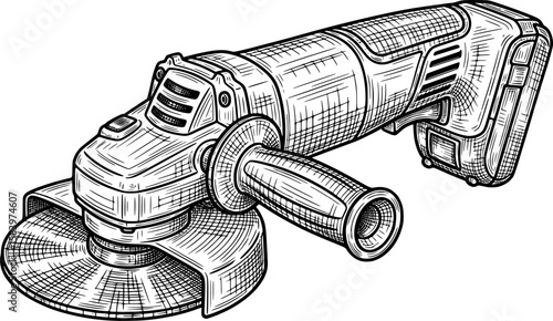 Cordless angle grinder with disc and guard in hand-drawn style