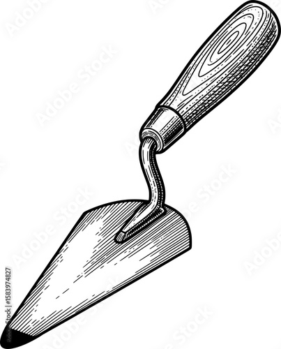 Brick trowel with textured blade in hand-drawn style