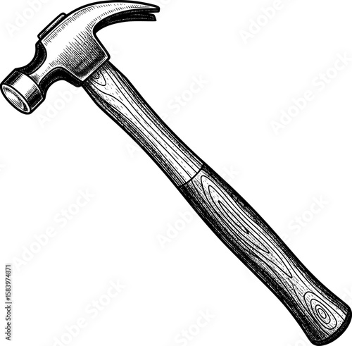 Claw hammer with textured wood handle in hand-drawn style