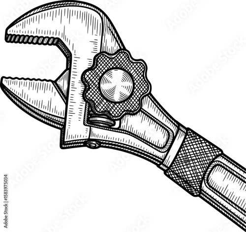 Adjustable wrench with jaws and knurled knob in hand-drawn style