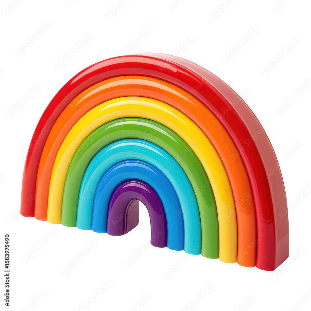 Fototapeta premium Brightly colored wooden rainbow stacker toy with arching arcs on black background