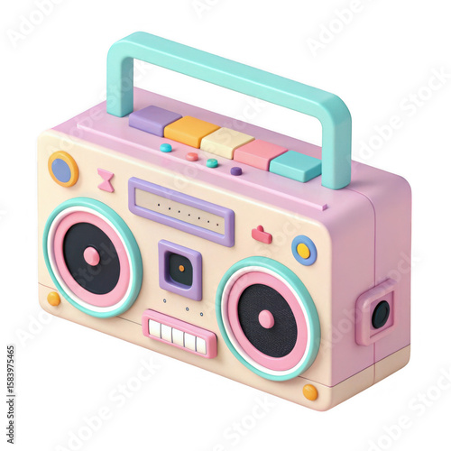 Retro pastel boombox with colorful buttons and speakers on a black background