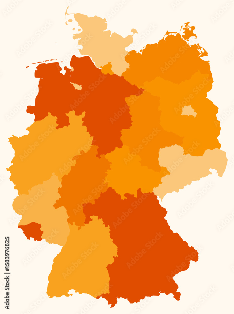 Obraz premium Map of Germany with regions. Just a simple country border map with region division. Orange color palette. Plain Germany shape with administrative division. Vector illustration.