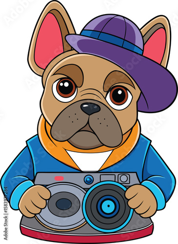 Cool french bulldog dj wearing a hat and holding a turntable ready to mix music