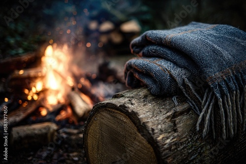Wallpaper Mural Cozy gray blanket rests on log by campfire Torontodigital.ca