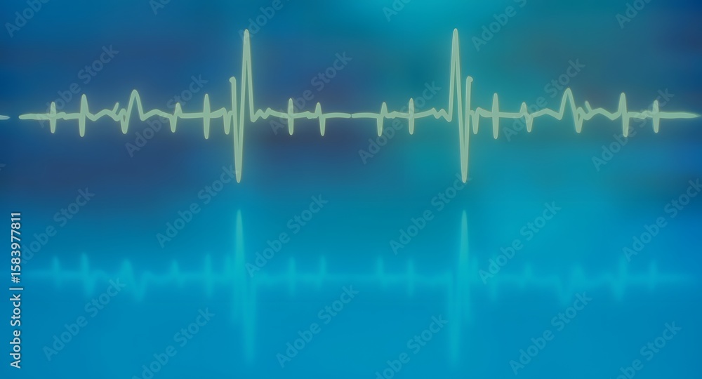 Fototapeta premium A stylized illustration showcases a glowing, light green electrocardiogram trace set against a dual-toned blue background with a reflective effect emphasizing health and technology concepts.