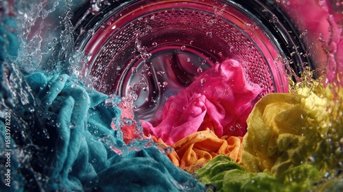 Vibrant clothes tumbling in a washing machine