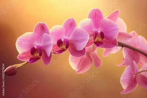 A beautiful close-up of a blooming orchid branch with soft pink petals against a warm, golden background.