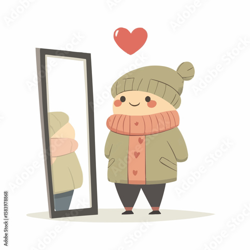 Adorable cartoon character admiring its reflection in a mirror, designed with soft colors and gentle shapes, ideal for nursery or children's room wall art
