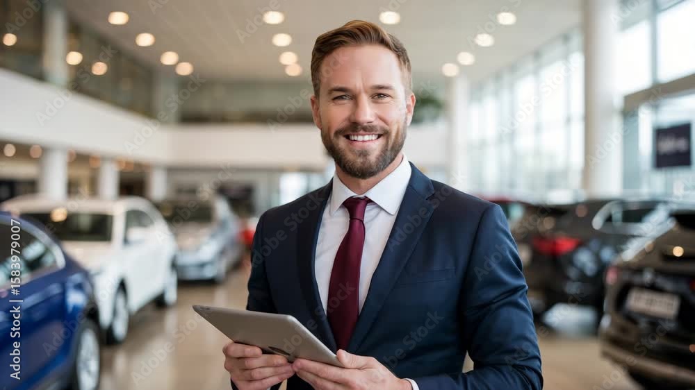 Professional car dealer smiles, holding a tablet in a showroom, surrounded by new vehicles, showing customer service and salesmanship for transportation needs. Professional car dealer smiles, holding a tablet in a showroom, surrounded by new vehicles, showing customer service and salesmanship for transportation needs.