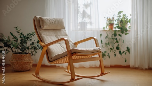 Light beige rocking chair in a bright room with plants