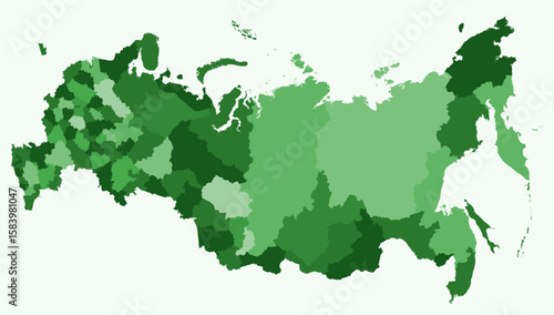 Map of Russia with regions. Just a simple country border map with region division. Green color palette. Blank Russian Federation shape with administrative division. Vector illustration.