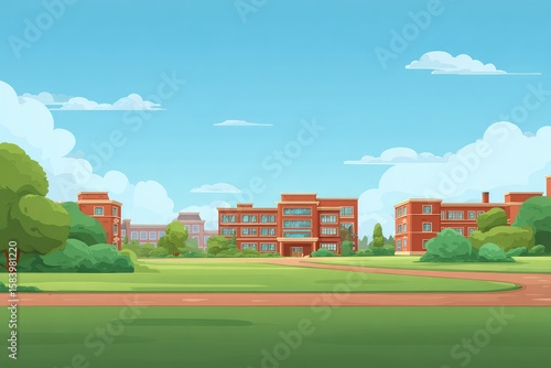 Sunny campus scene with brick buildings