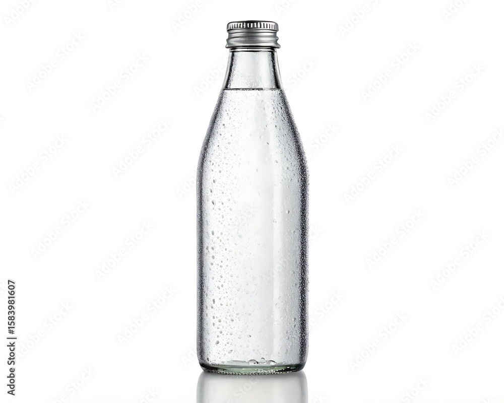A clear glass bottle filled with water and condensation droplets isolated on a white background studio shot A clear glass bottle filled with water and condensation droplets isolated on a white background studio shot