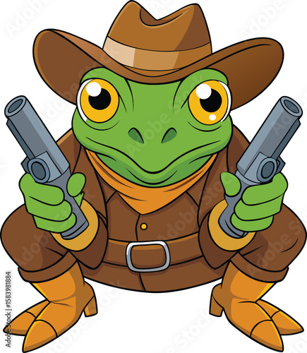 Cartoon frog cowboy holding two pistols ready for a wild west showdown