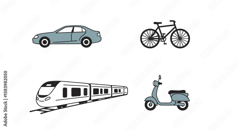 Fototapeta premium Illustration showing a car, bicycle, train and scooter representing different transport modes