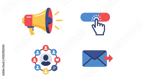 Illustration showing a megaphone, a switch, a social network and an envelope icon