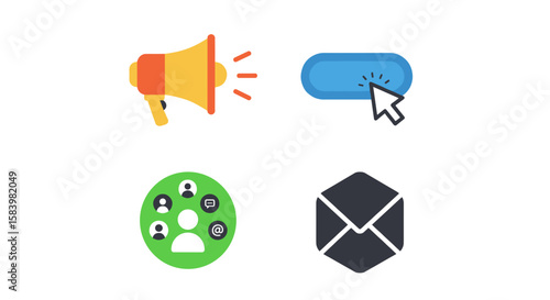 Illustration showing a megaphone, button with cursor, group icon, and an envelope icon