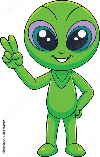 Cute cartoon green alien character with big eyes making a peace sign gesture