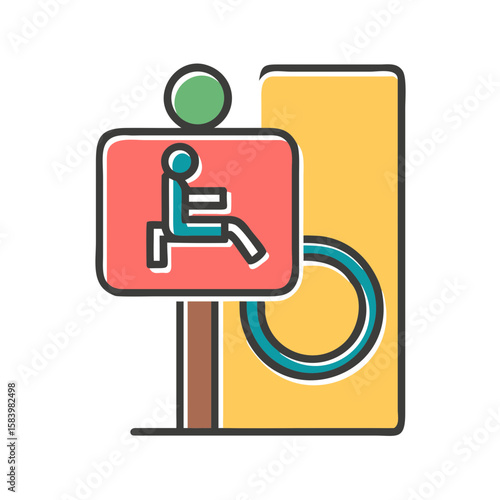 Accessible entrance sign with wheelchair symbol and yellow pillar
