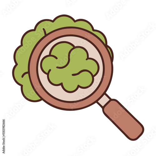 Magnifying glass examining a stylized brain illustration