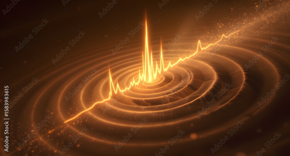 Fototapeta premium Abstract 3D illustration of energy waves radiating outwards in a circular pattern emanating from a central peak in warm golden light. Suggests data visualization.