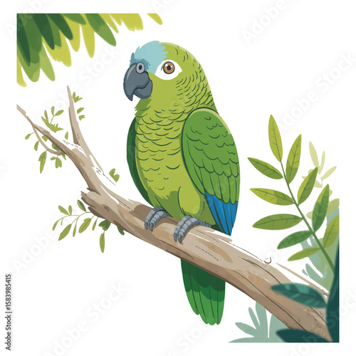A green parrot is perched on a branch, isolated on white background, surrounded by lush tropical foliage in a cartoon illustration