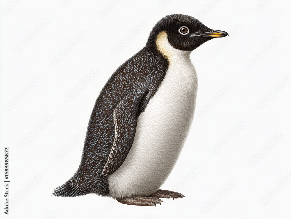 Fototapeta premium Young emperor penguin stands upright on icy surface during Antarctic summer, showcasing unique plumage and features