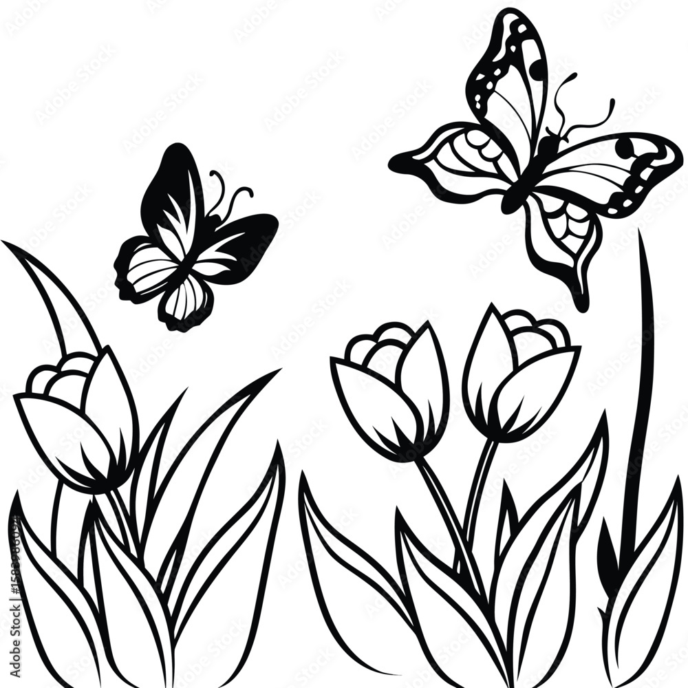 Obraz premium Butterfly with flower line art coloring page