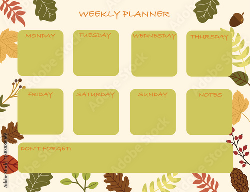 A cozy, fall inspired weekly planner template featuring a clean grid layout for each day of the week