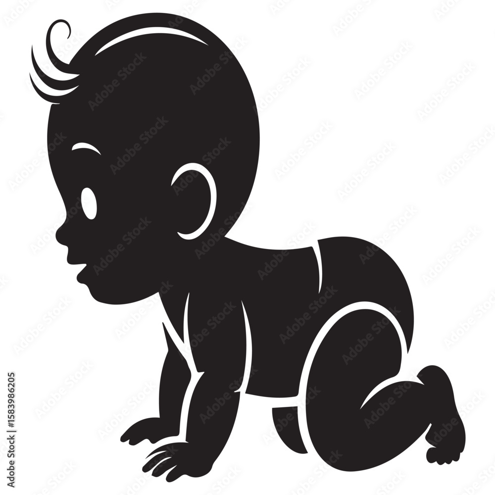 Fototapeta premium A black silhouette of a baby crawling on a white background, isolated on white background