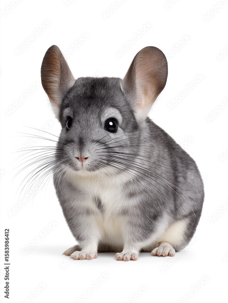 Obraz premium Chinchilla sits calmly on white background, showcasing its soft fur and large ears in a studio setting during bright daylight