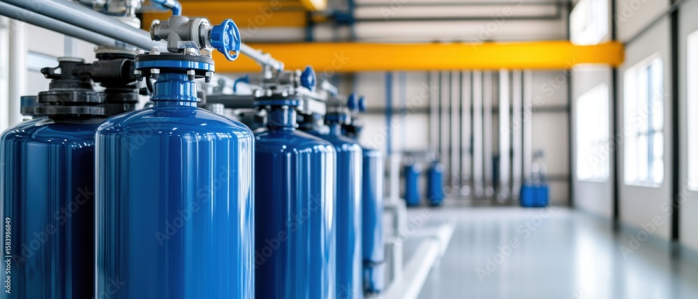 Naklejka premium Industrial Blue Gas Cylinders in Modern Warehouse Setting with Equipment