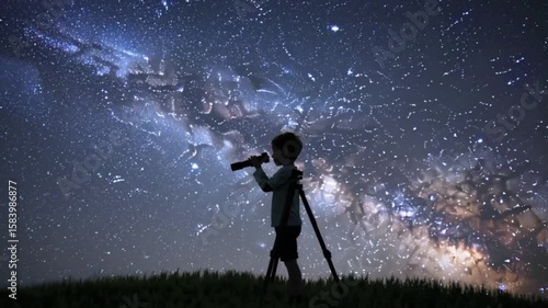 Boy gazing at stars through telescope, capturing wonder and curiosity