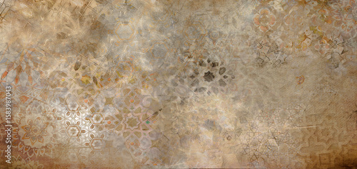 canvas texture background with islamic pattern. Old gray brown rusty vintage worn shabby patchwork motif tiles stone concrete cement wall texture background banner . Ceramic wall tiles and floor tiles
