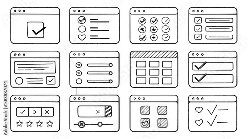 A grid of black-and-white doodle-style icons focused on user interfaces and UI/UX elements, including sliders, buttons, wireframes, checkboxes, popups, and scrollbars, all drawn in an informal, playfu