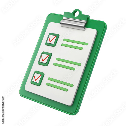 Green clipboard with a checklist featuring three completed tasks marked with red checkmarks