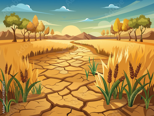 vector of Dry and cracked ground in the wheat field shows the severe impact of drought and significant damage to agricultural products...